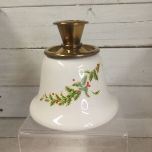 Vintage Christmas Holly Candle Stick Holder Porcelain & Brass Teleflora Holiday